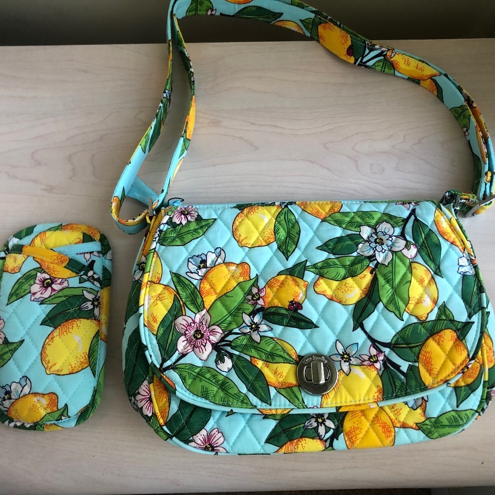 Sale! New Vera Bradley Light Turquoise Blue Adj. Crossbody & Lemon Design & Case